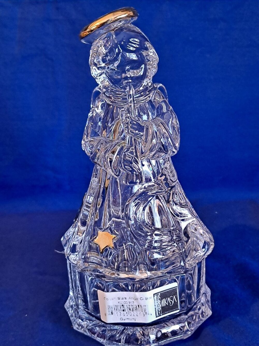 MIKASA Christmas ANGEL Glass CANDY BOX 8" Golden Stars Jar Bowl Dish Trinket